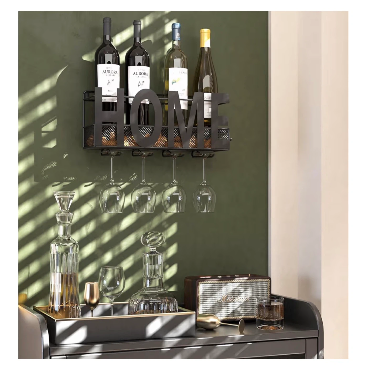 Black Metal "HOME" Wine Rack with Glass Holders - photo 3