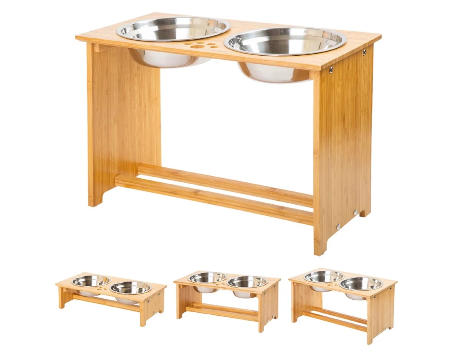 Raised Bamboo Pet Feeder with Stainless Steel Bowls