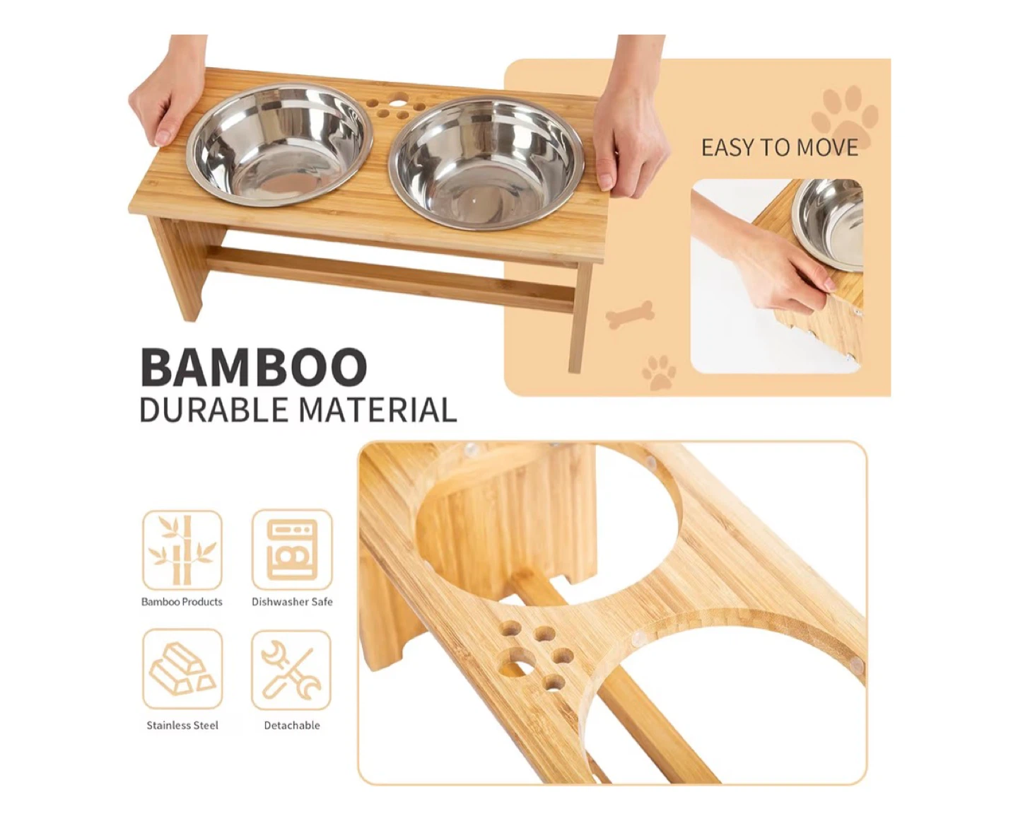 Raised Bamboo Pet Feeder with Stainless Steel Bowls - photo 4
