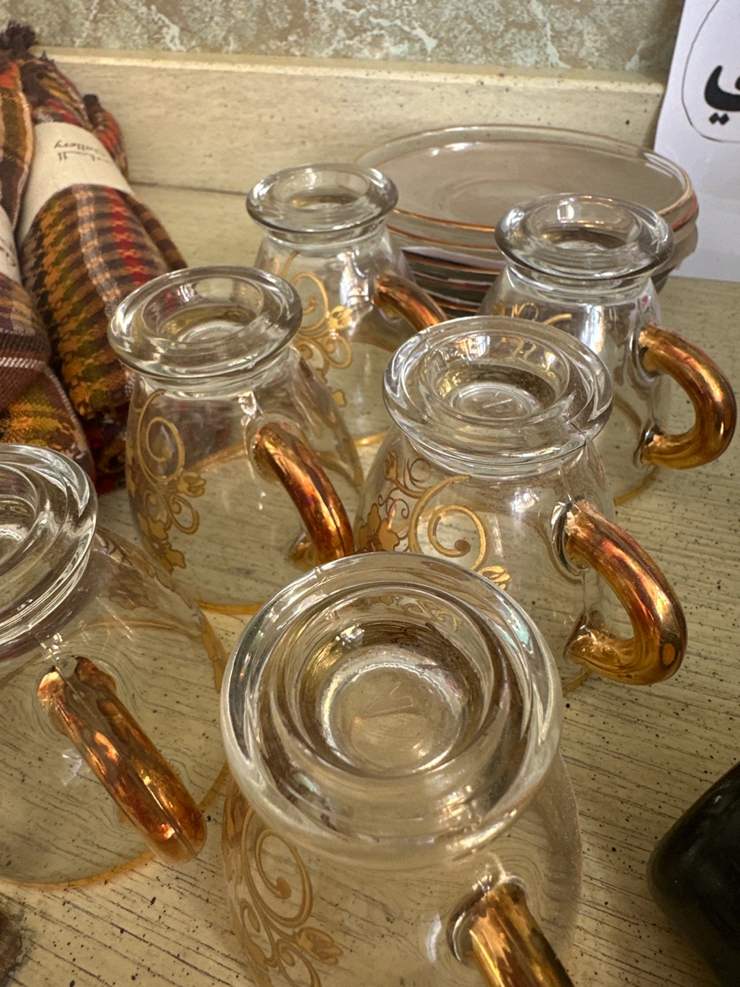Set of 6 Glass turkish coffee Cups with Gold Floral Design