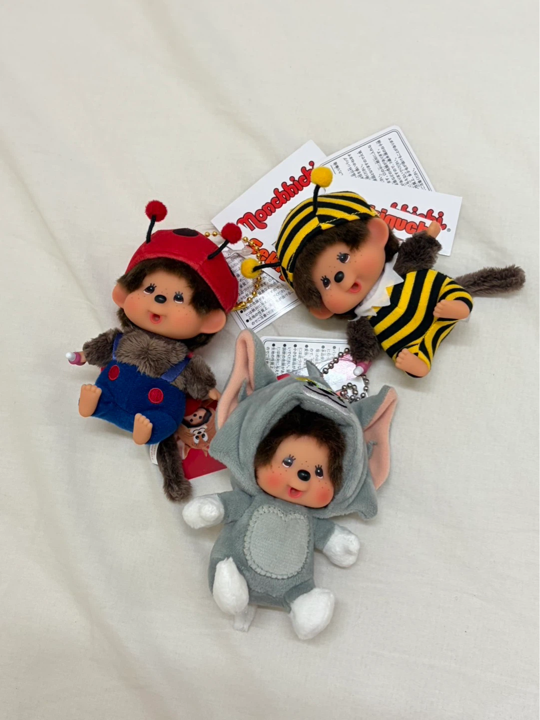 Monchhichi Plush Toys - Ladybug, Bee, and Tom Cat Outfits