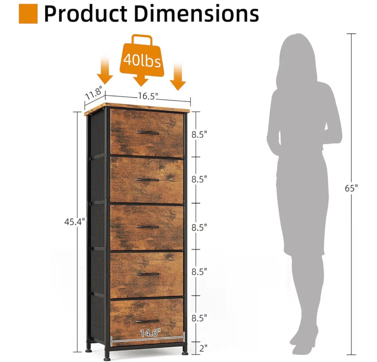 5-Drawer Tall Dresser Chest with Wood Top - photo 5