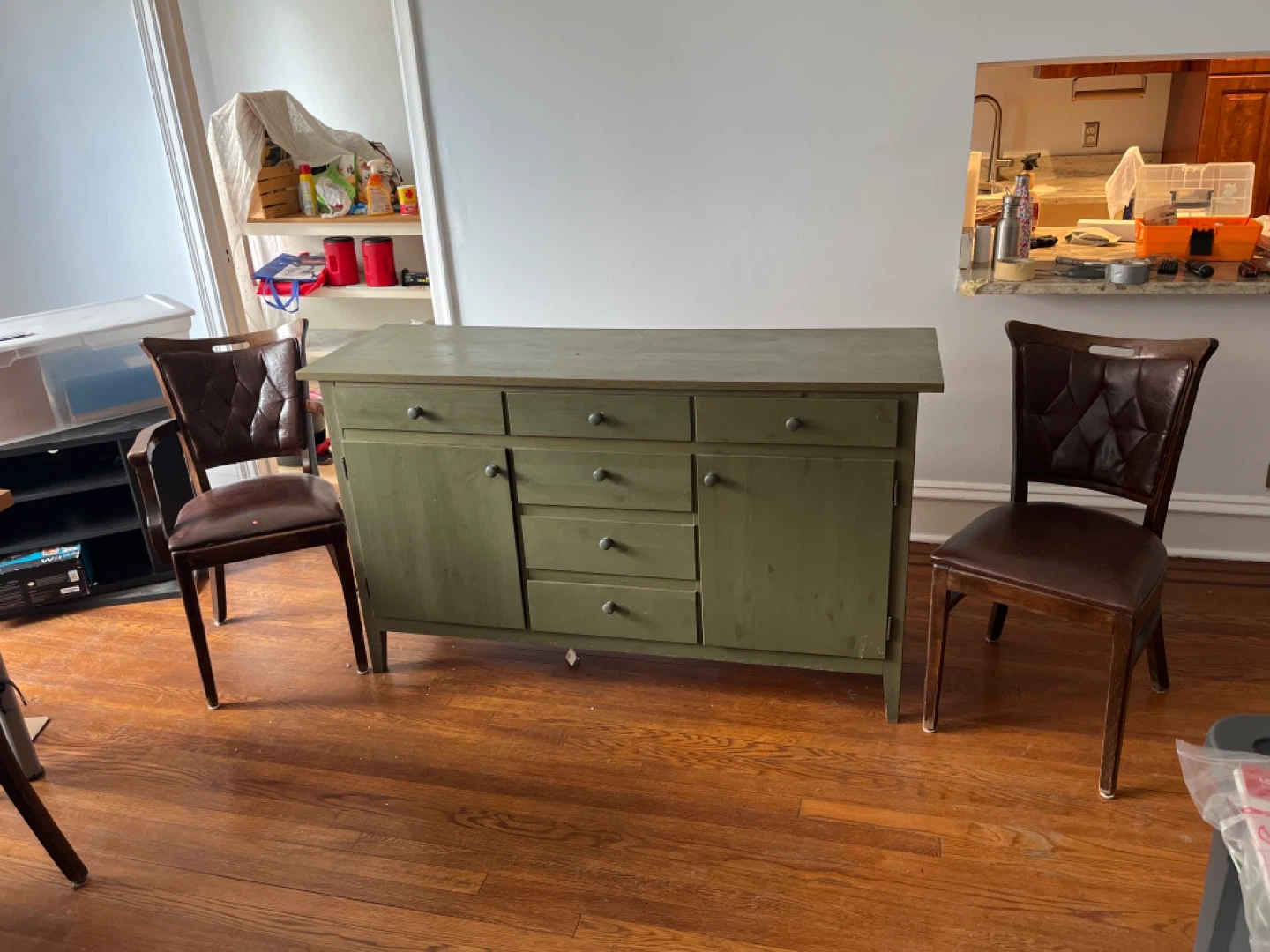Black Media Console AND green wooden buffet with drawers