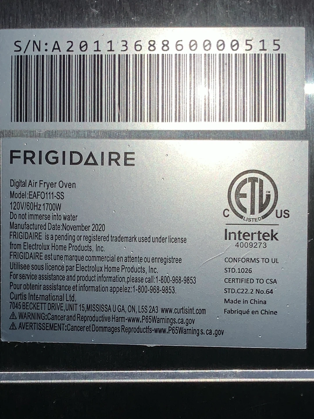 Frigidaire Digital Air Fryer Oven EAFFO111-SS - photo 3