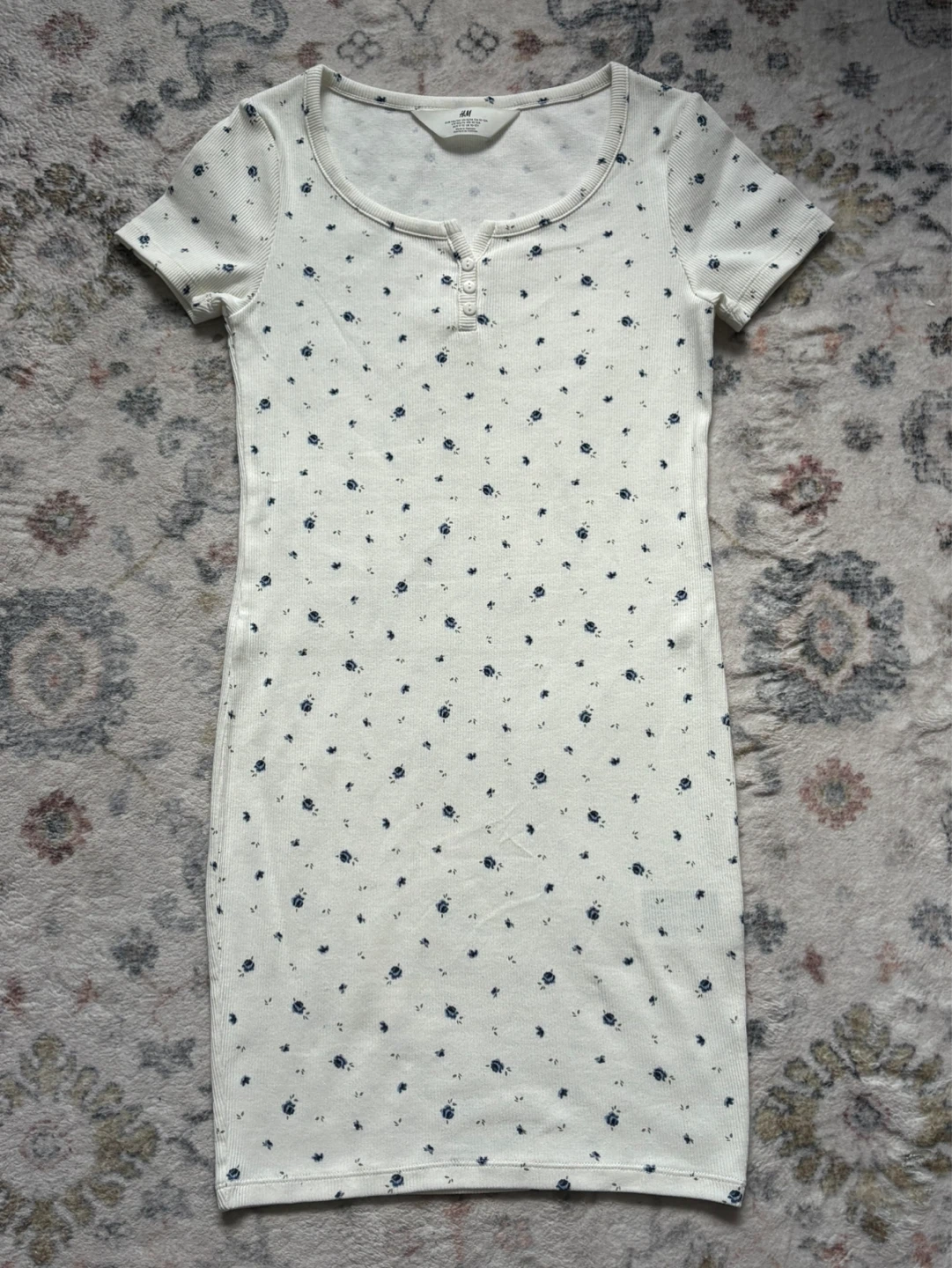H&M White Floral Ribbed Mini Dress Size XS