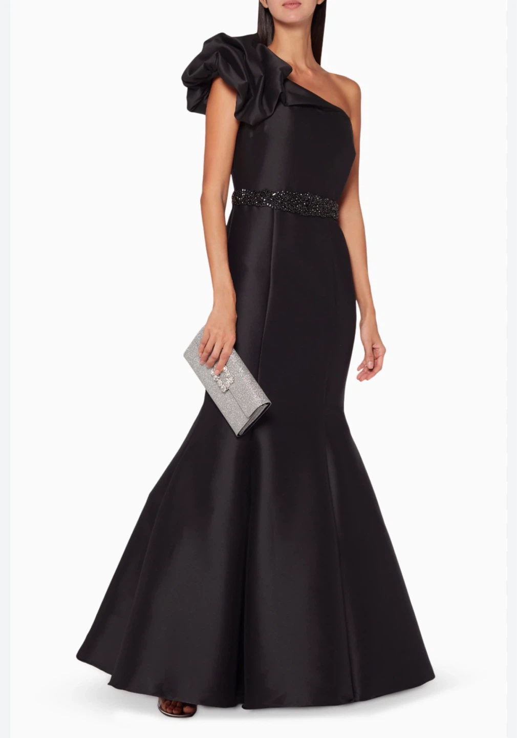 Black One-Shoulder Fishtail Gown with Beaded Waist