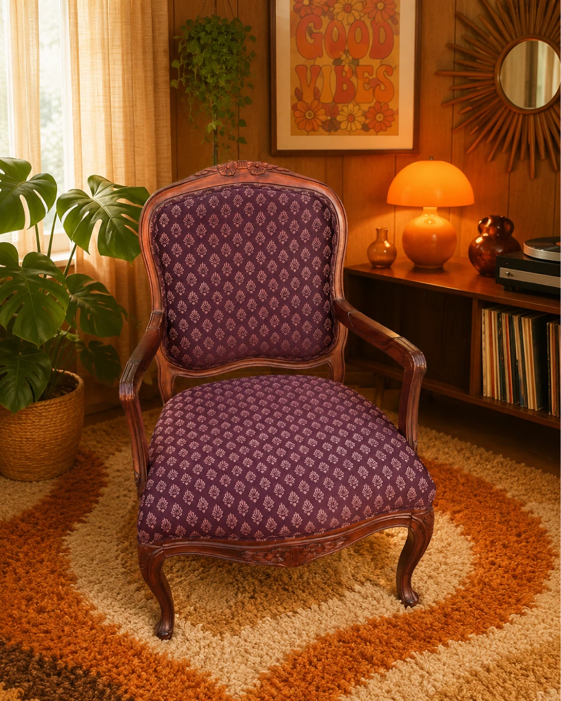 Vintage Accent Chair Carved Wood and Brocade Upholstery