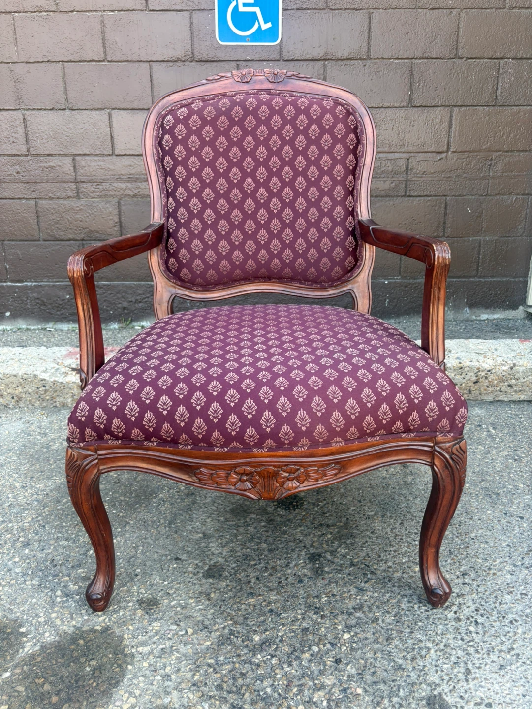 Vintage Accent Chair Carved Wood and Brocade Upholstery - photo 5