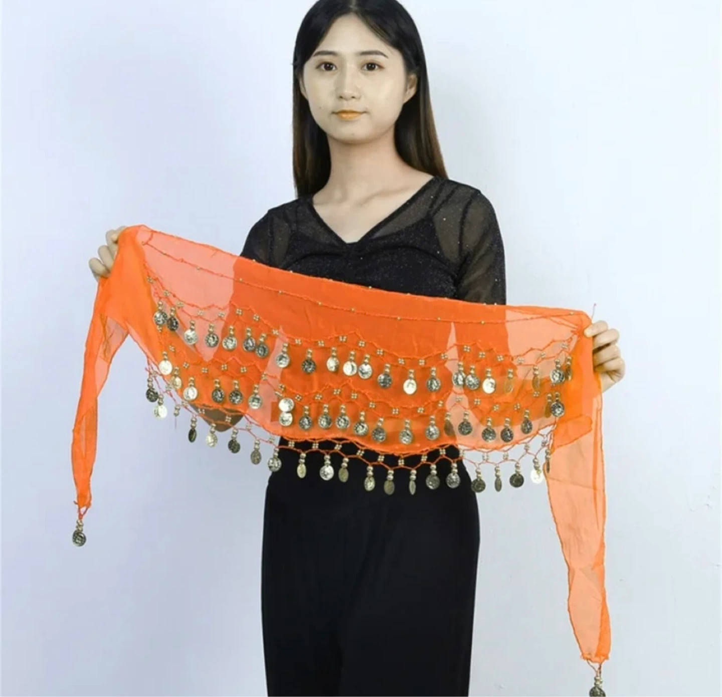 Vibrant Orange Belly Dance Hip Scarf with Coins - photo 3