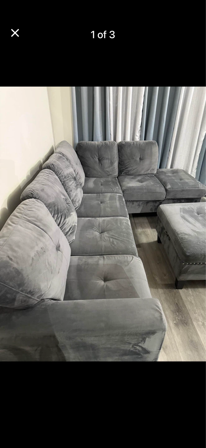 Grey Velvet Sectional Sofa with Ottoman - photo 2