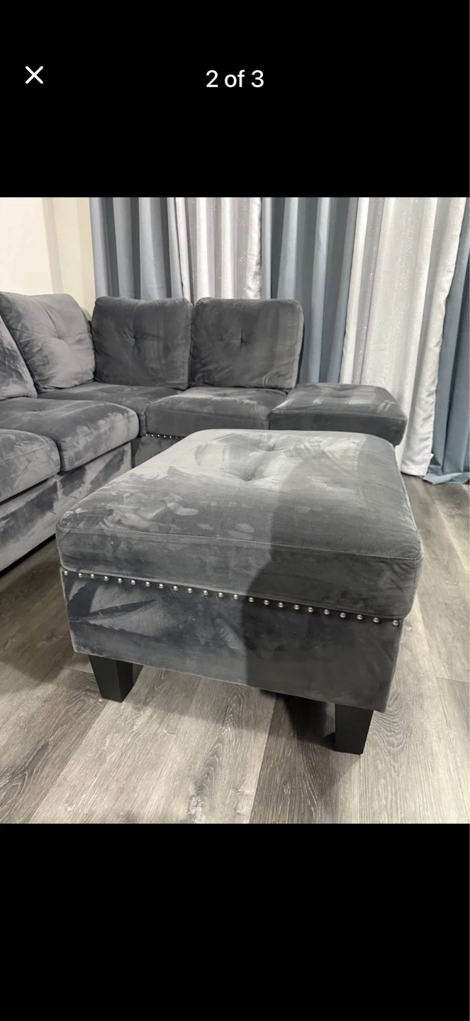 Grey Velvet Sectional Sofa with Ottoman