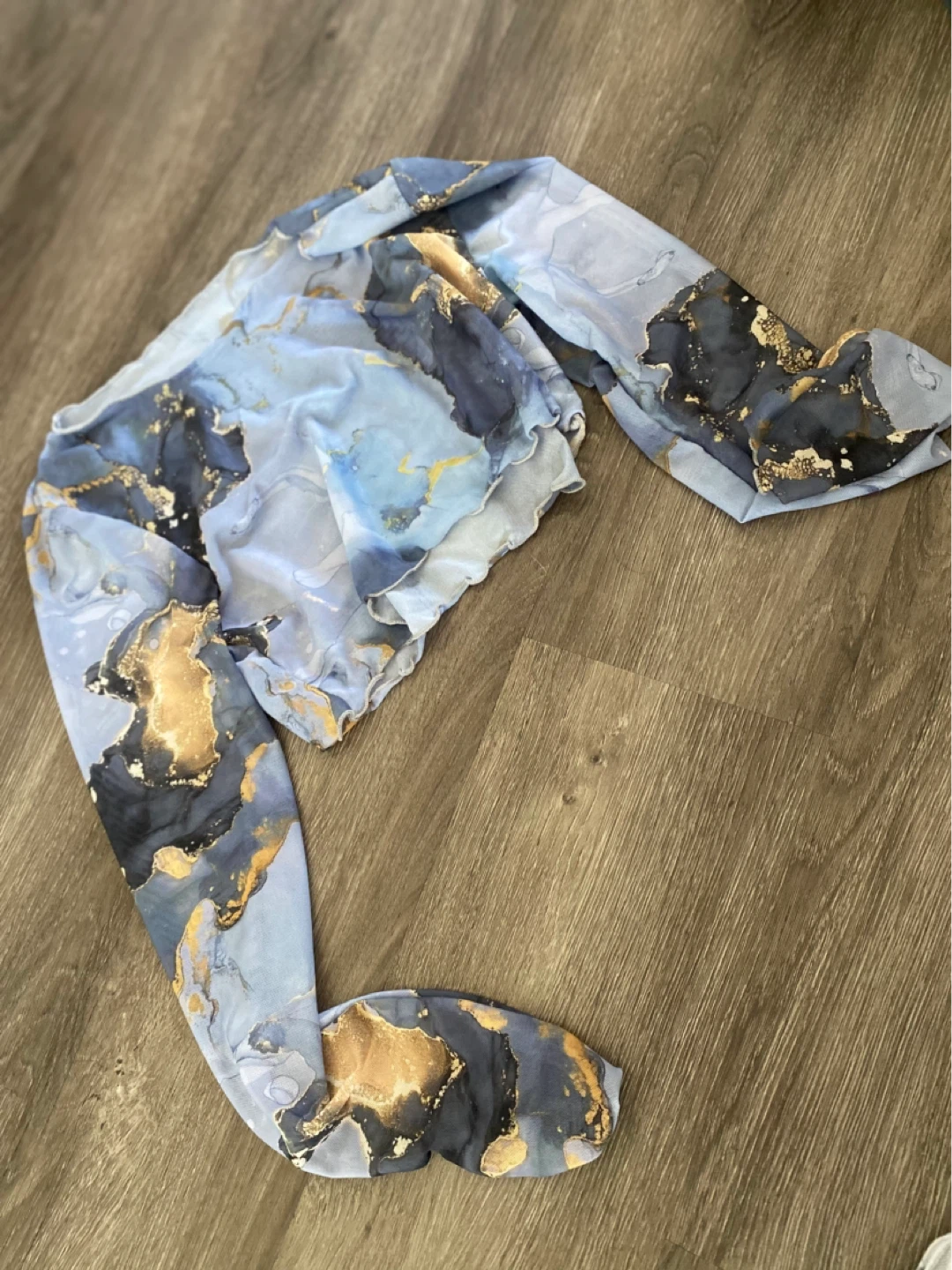 Women's Blue and Gold Marble Print Mesh Top