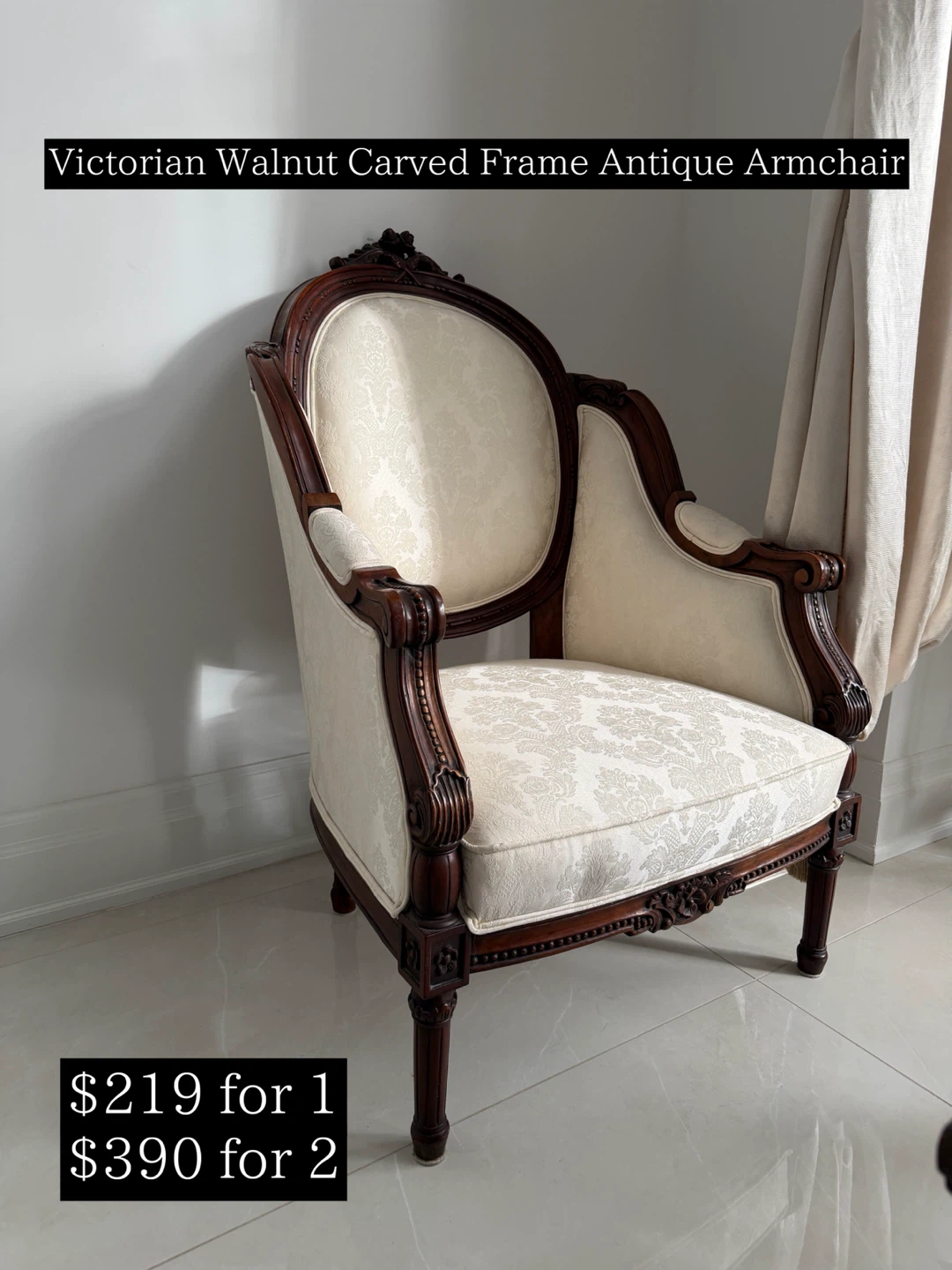 Victorian Walnut Carved Frame Antique Armchair