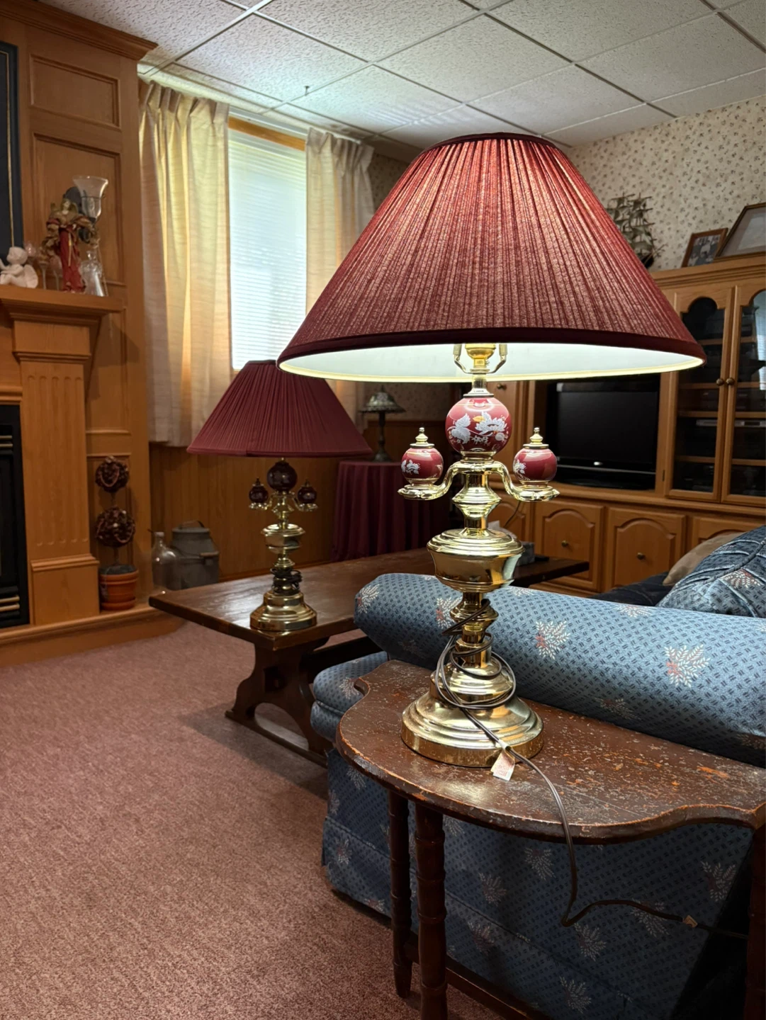 Pair of Brass Table Lamps with Red Pleated Shades - photo 2