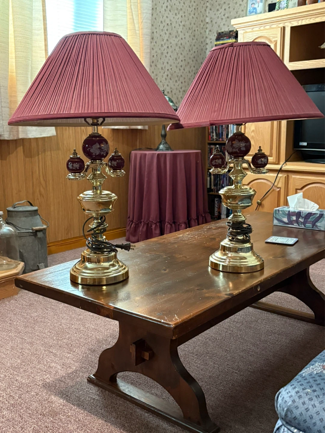 Pair of Brass Table Lamps with Red Pleated Shades