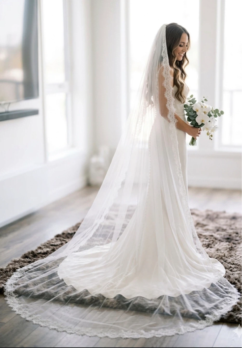 Soft white cathedral lace veil