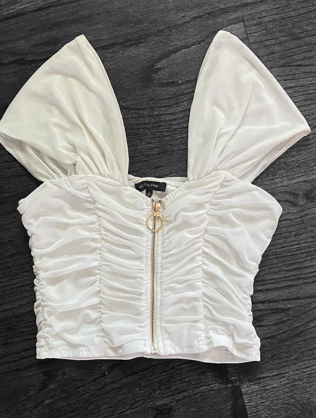 Woven Pink Ruched Crop White Top, Size S/M