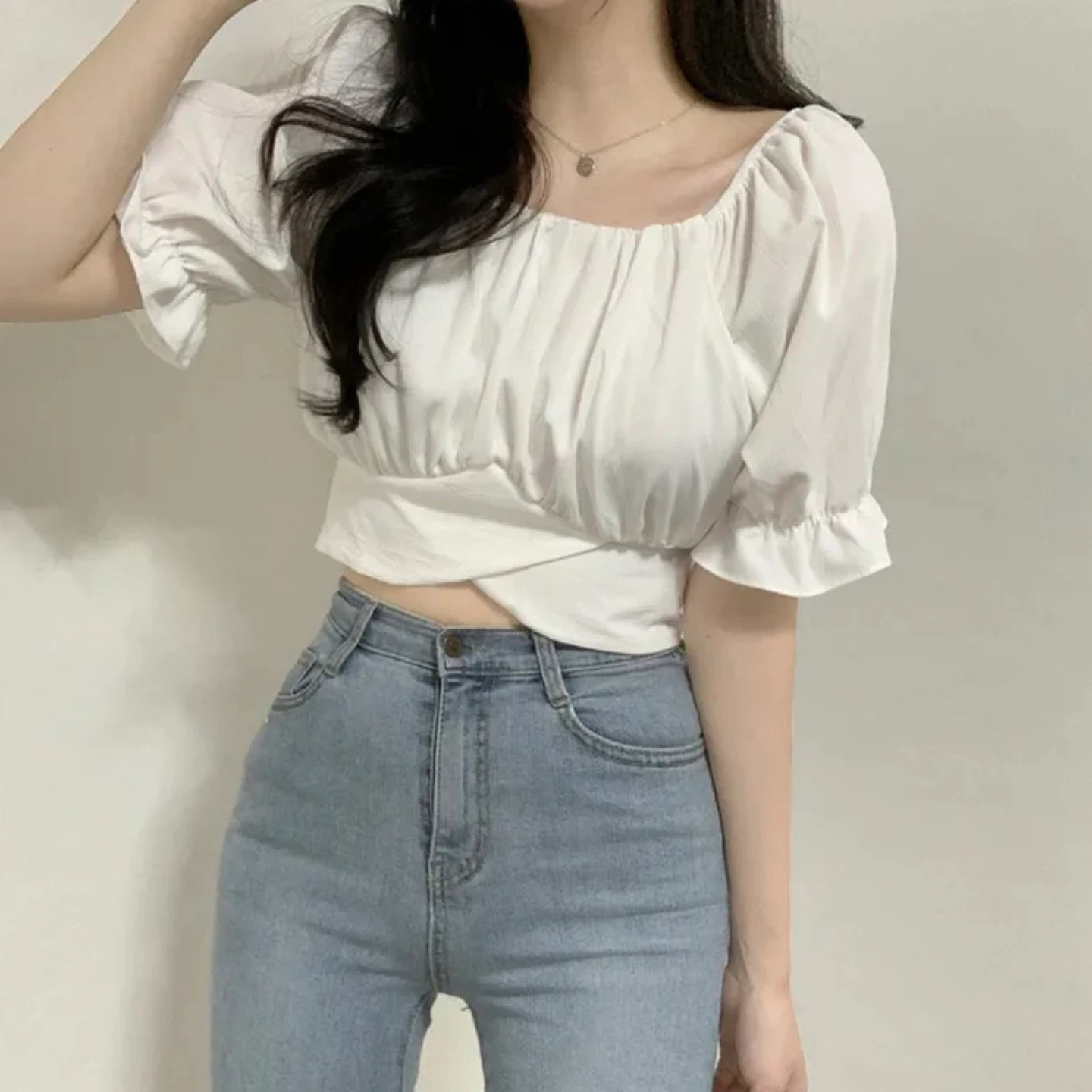 White Puff Sleeve Crop Top