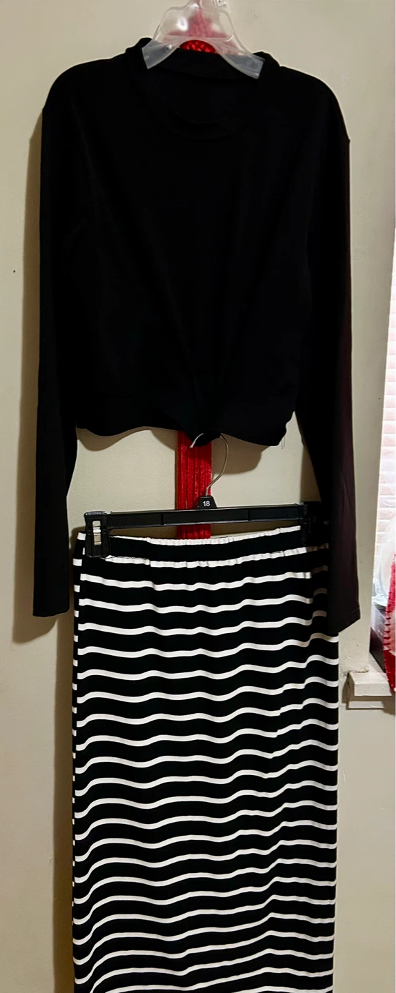 Black Long Sleeve Cropped Top and Striped Midi Skirt Set
