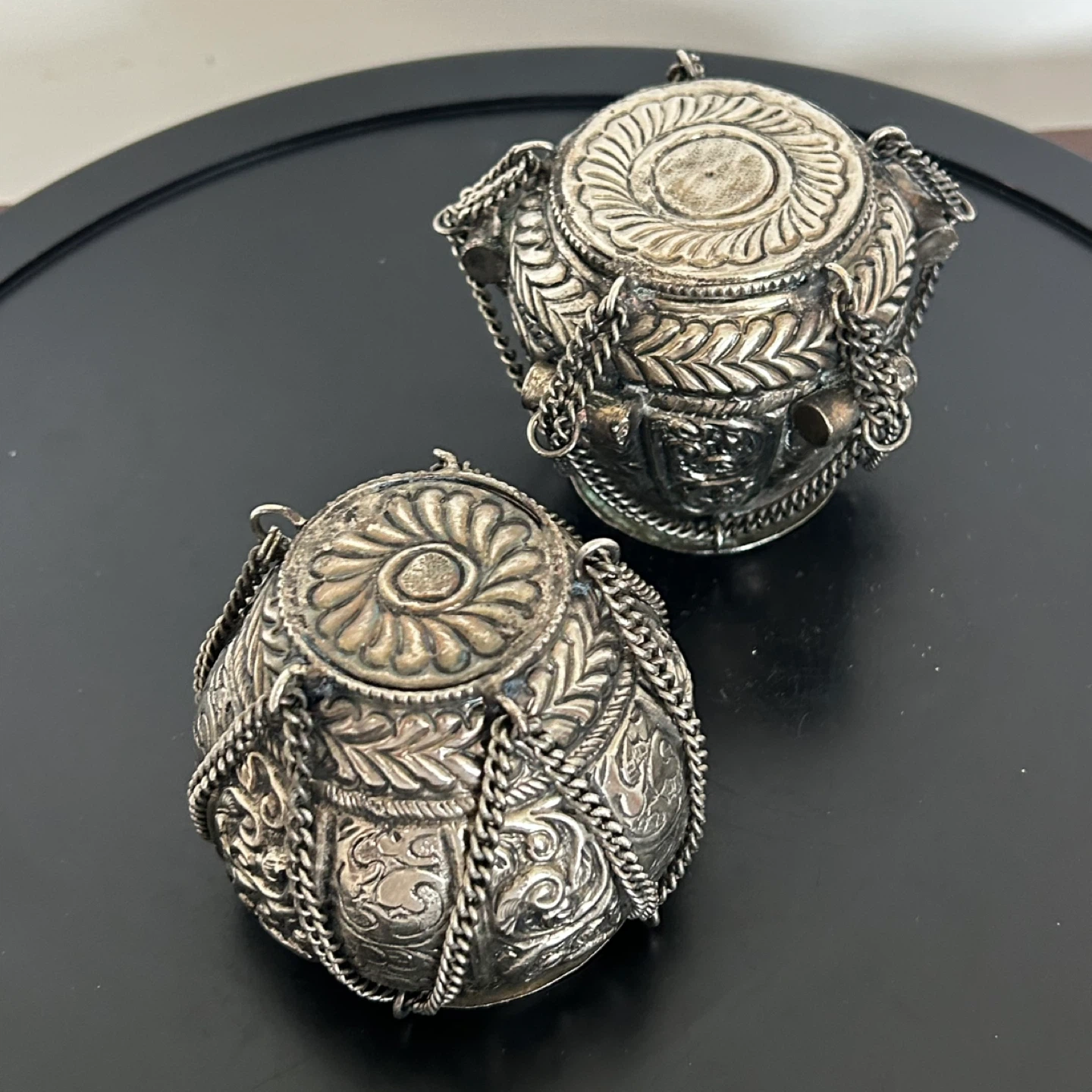 Pair of Vintage Southeast Asian Repoussé Silver-Tone Pots