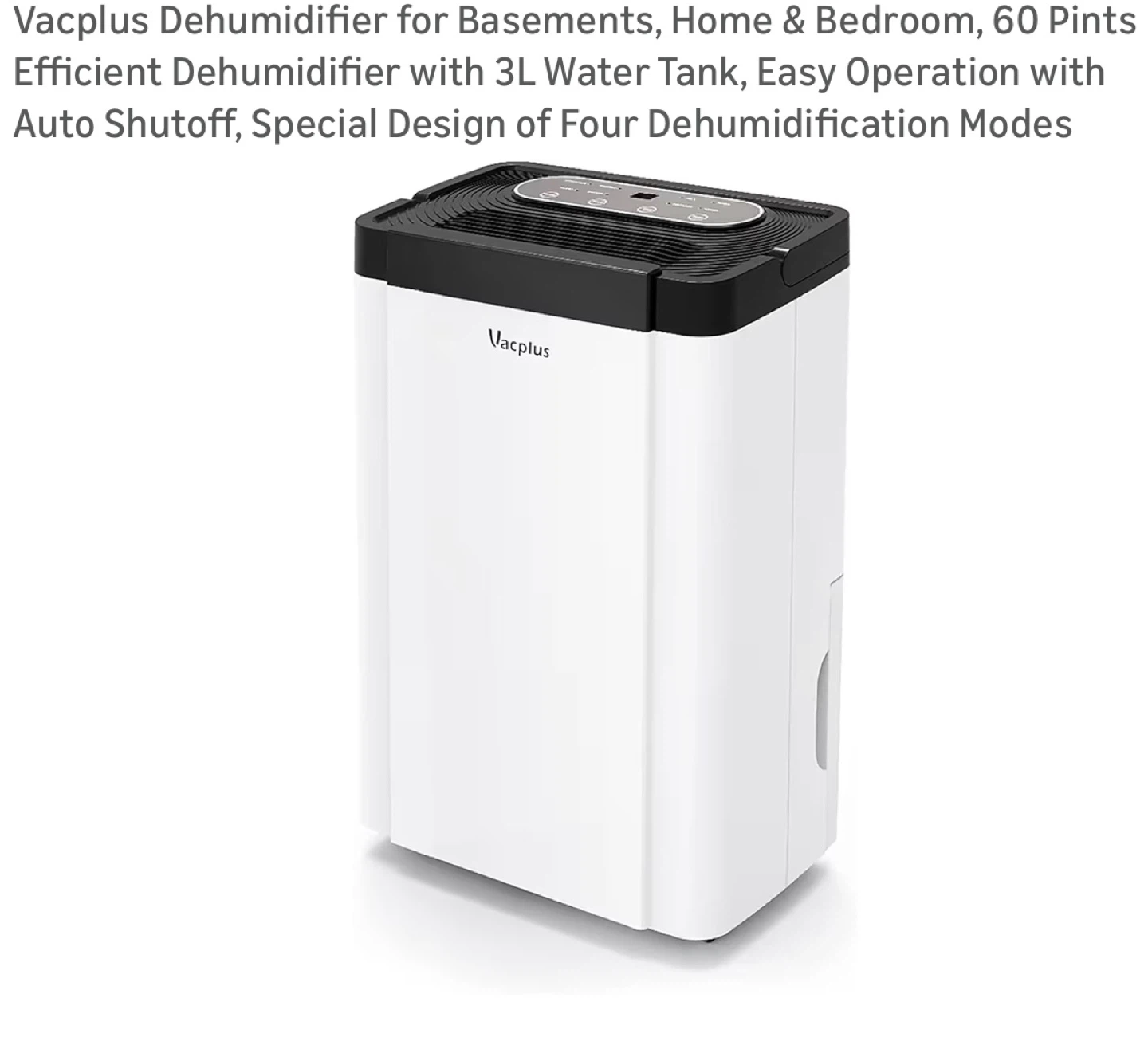 Vacplus Dehumidifier - 60 Pints, 3L Tank