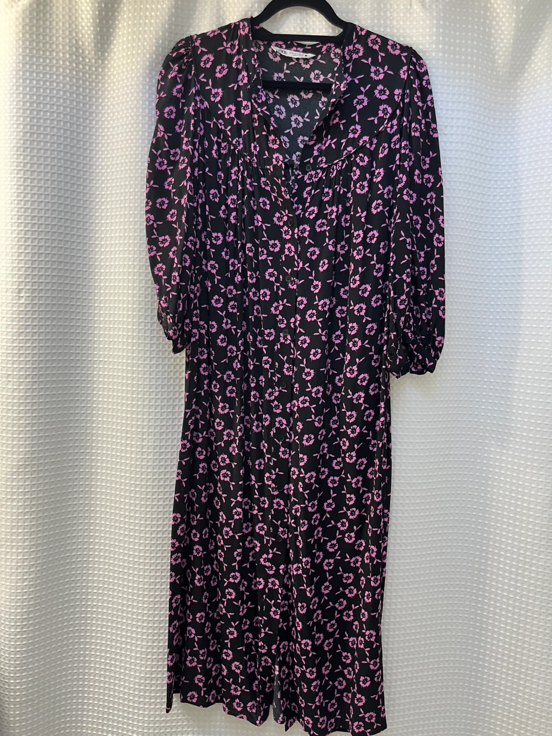 ZARA Black Pink Floral Button-Front Midi Dress
