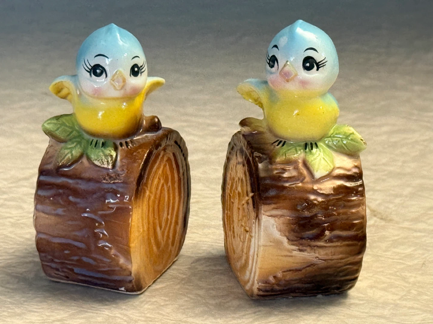 Vintage Blue Bird on a log Salt and Pepper Set