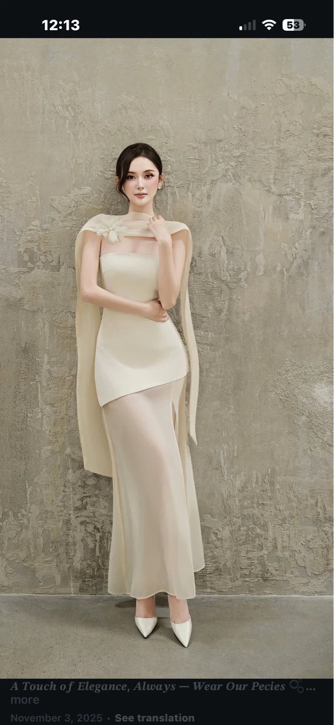 Cream Strapless Gown with Sheer Overlay
