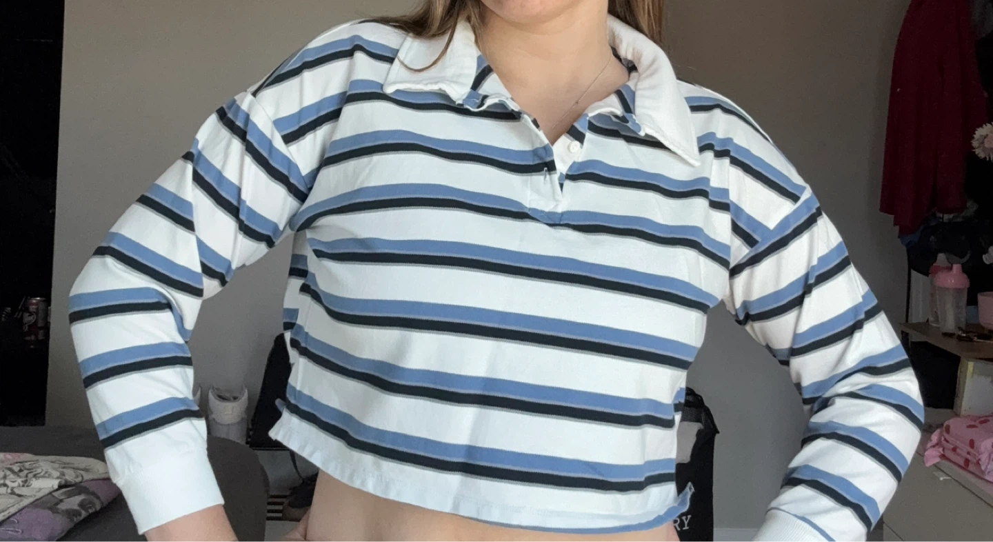 White & Blue Striped Long Sleeve Collared Shirt