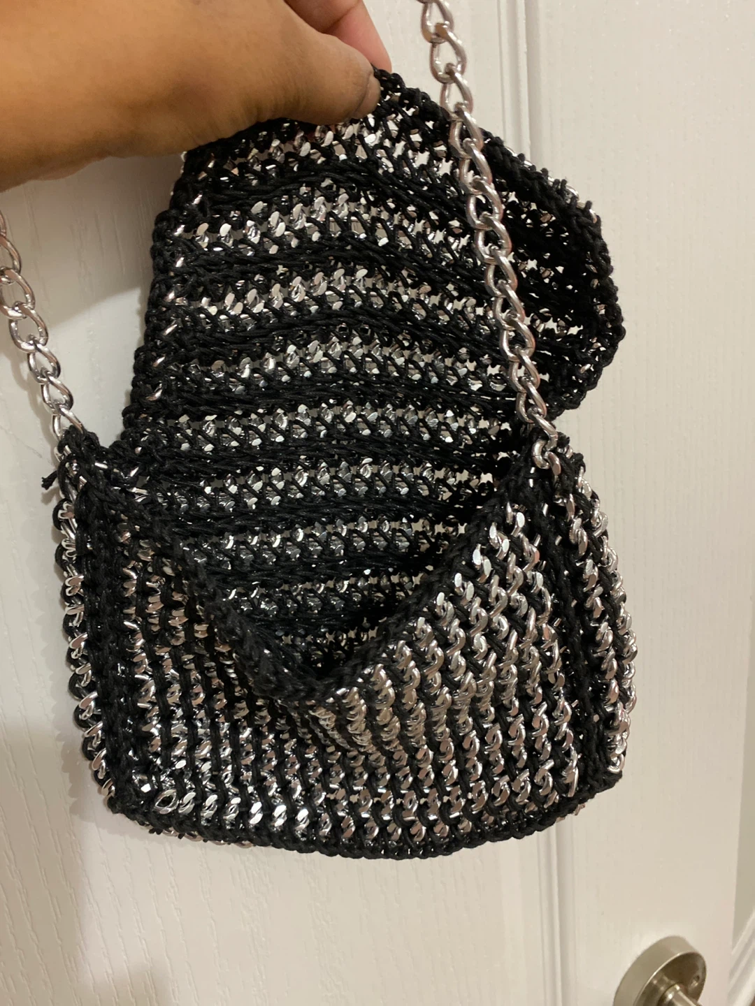 Black and Silver Crochet Chain Bag