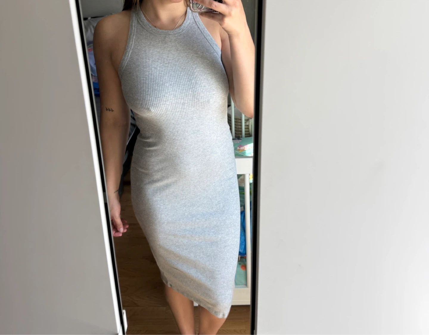 Grey Ribbed Sleeveless Midi Dress