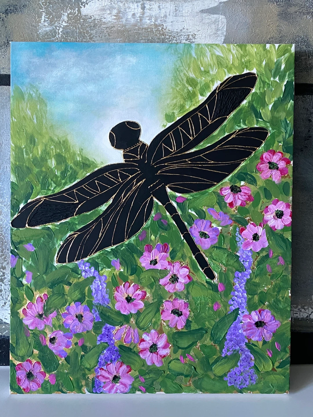 Today only! Large Original Dragonfly Flower Painting - photo 2