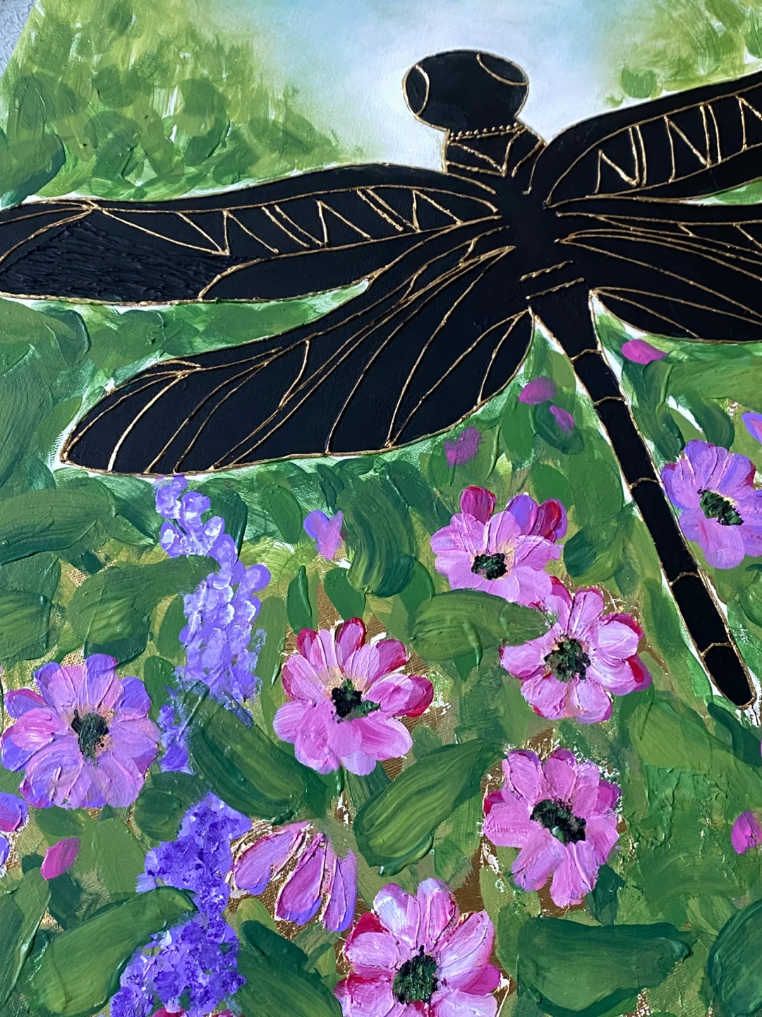 Today only! Large Original Dragonfly Flower Painting - photo 5