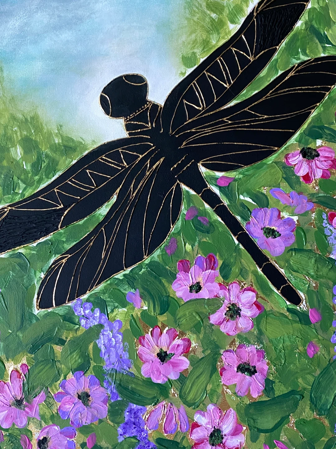 Today only! Large Original Dragonfly Flower Painting - photo 3