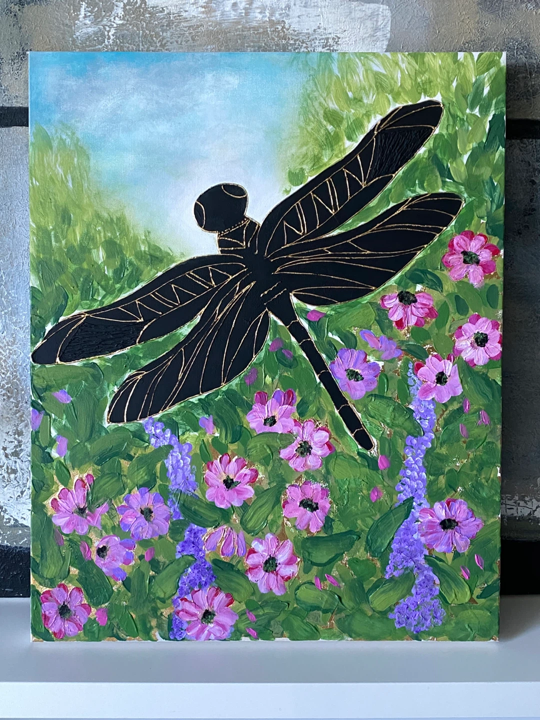 Today only! Large Original Dragonfly Flower Painting