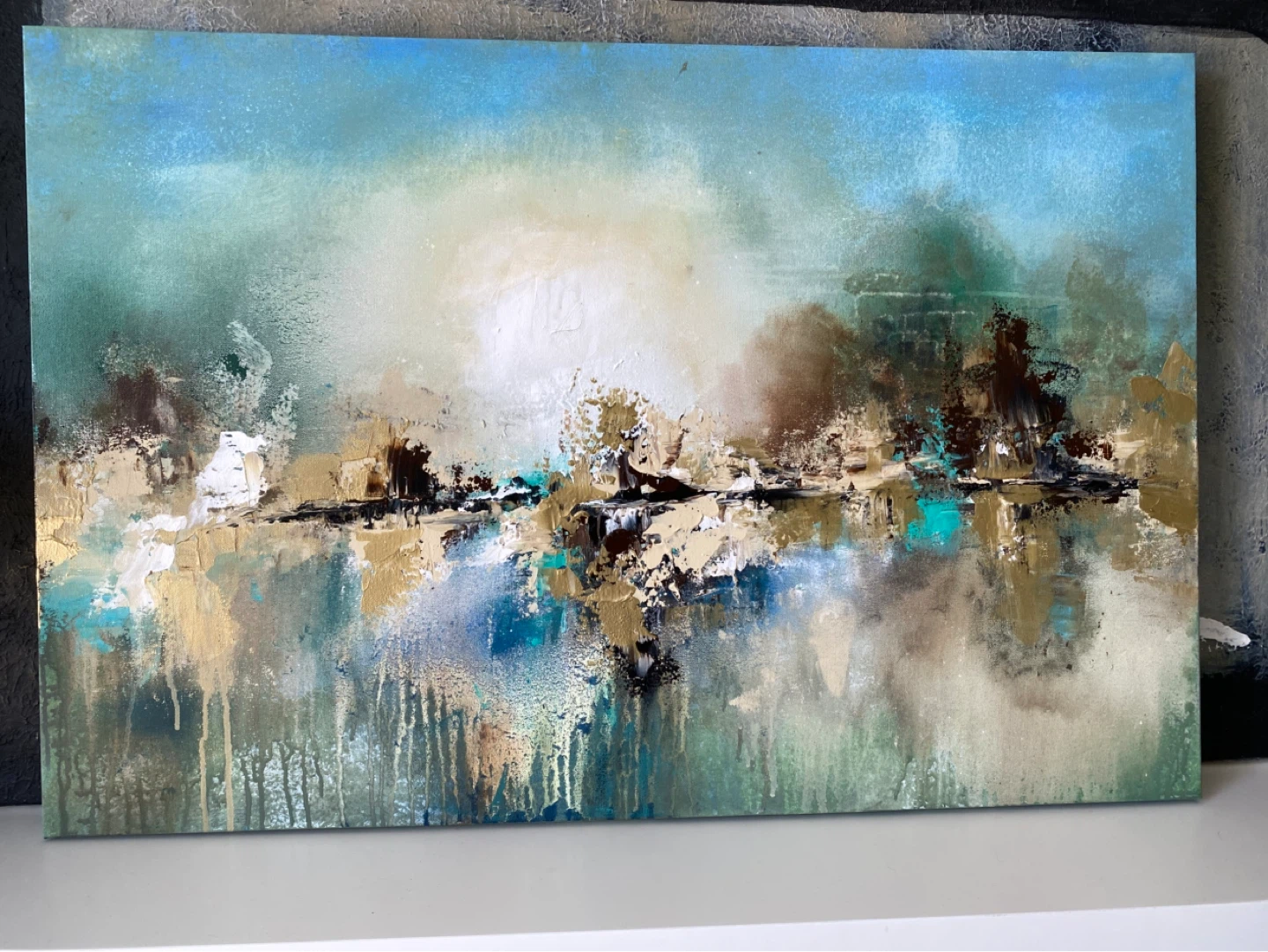 Large original abstract painting blues greens