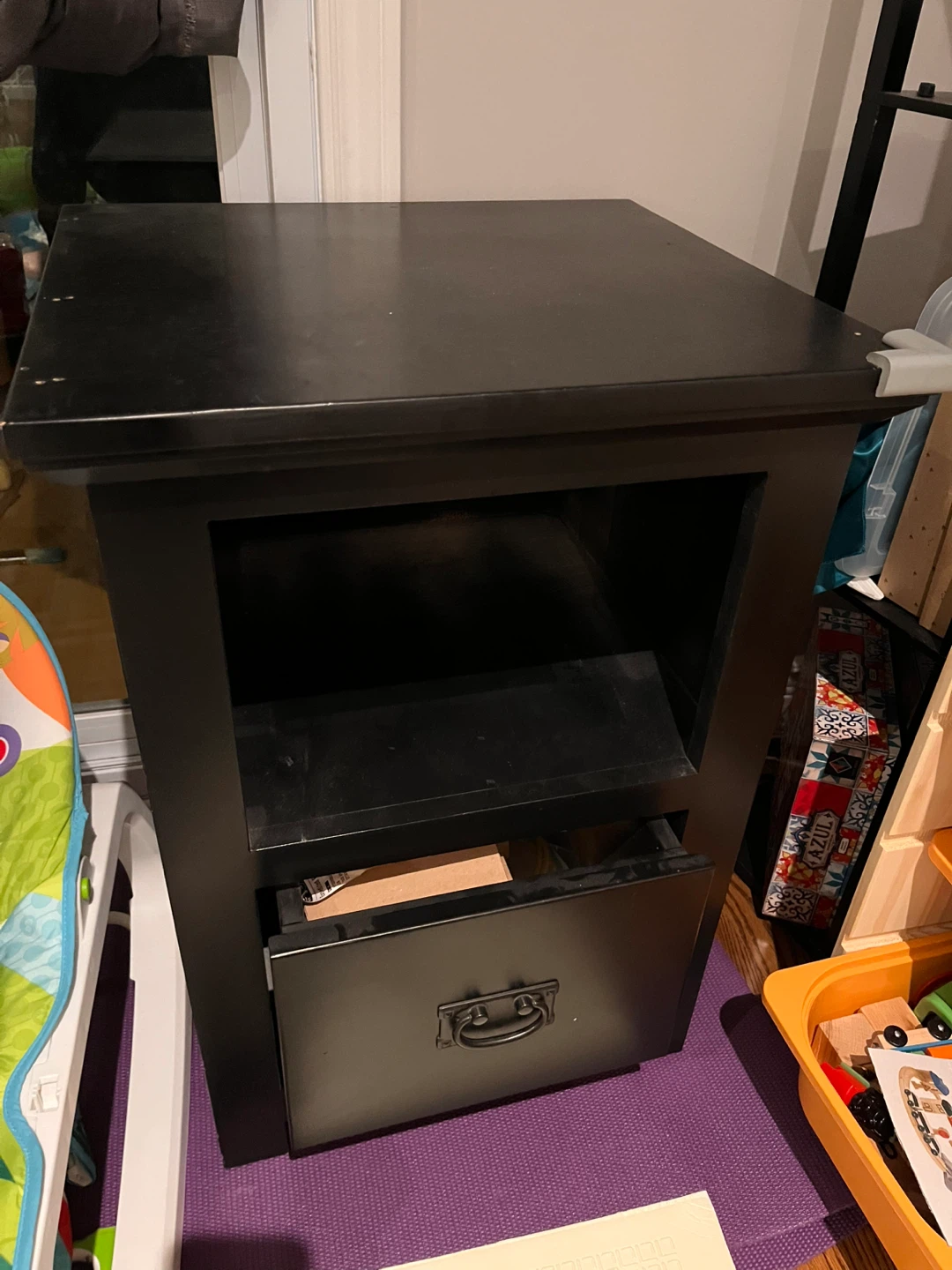 Black Nightstand with Drawer and Shelf