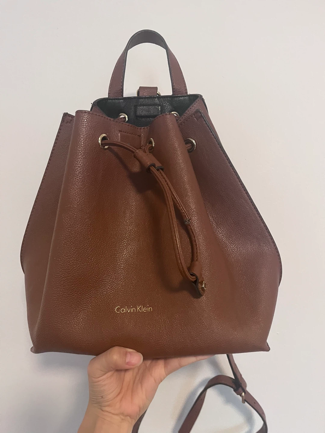 Calvin Klein Brown Faux Leather Drawstring Backpack
