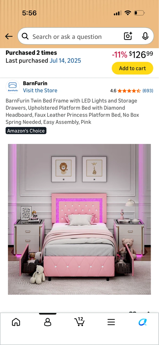 2 Twin Bed Frame with LED Lights and Storage