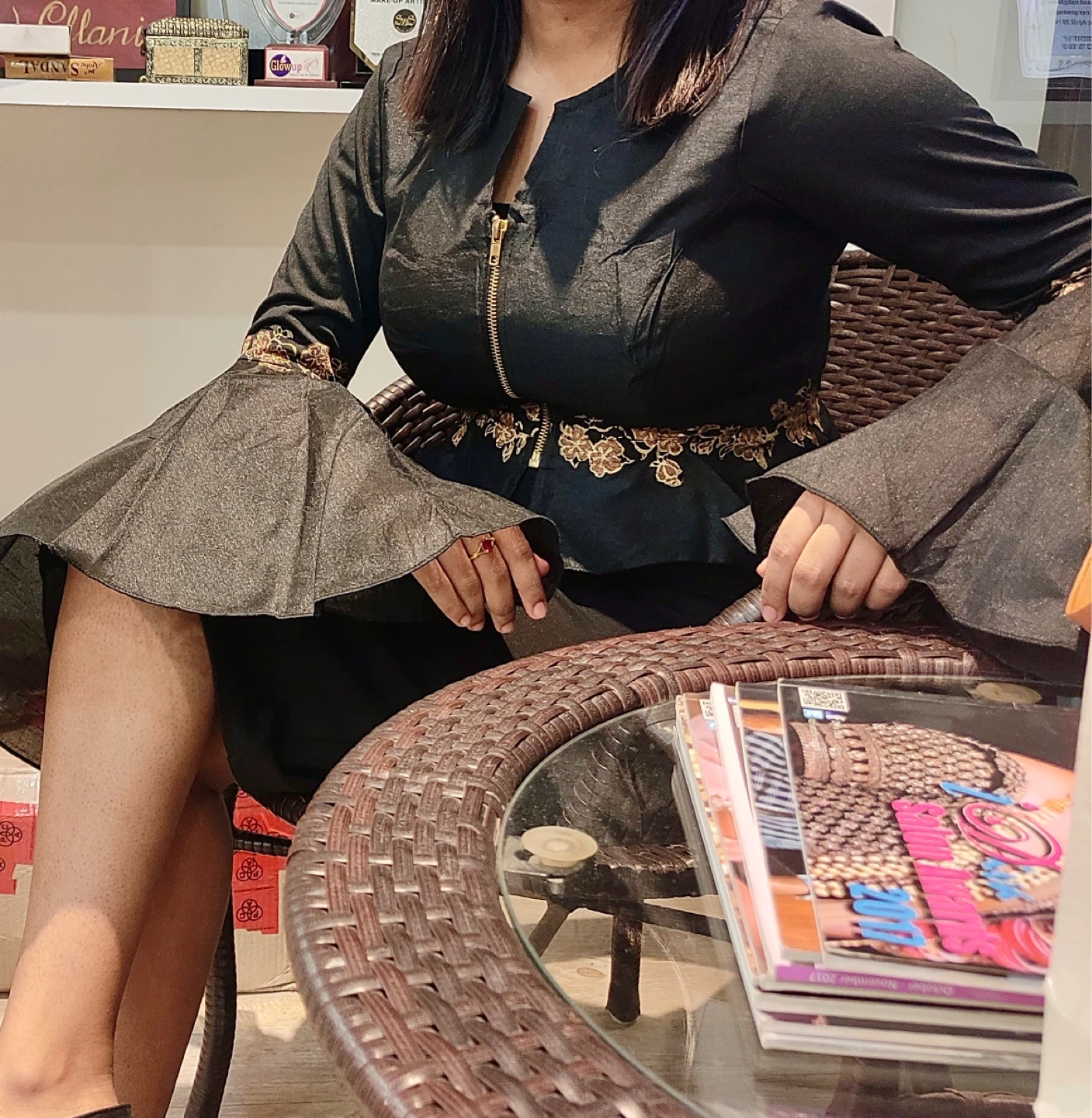 Black Bell Sleeve Top with Zipper Front