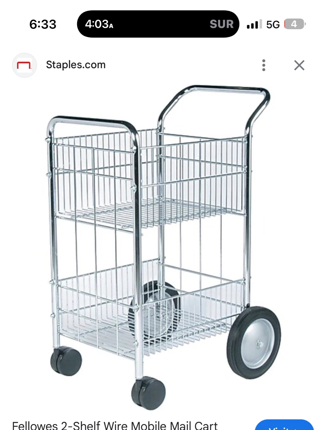 Fellowes 2-Shelf Wire Mobile Mail Cart