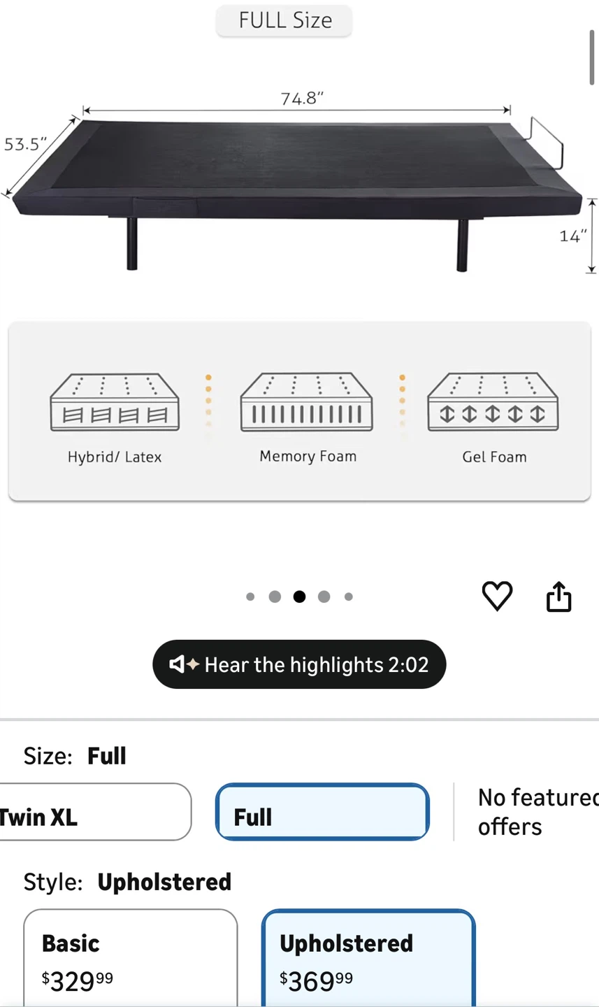 SHA CERLIN Full Size Electric Adjustable Bed Base