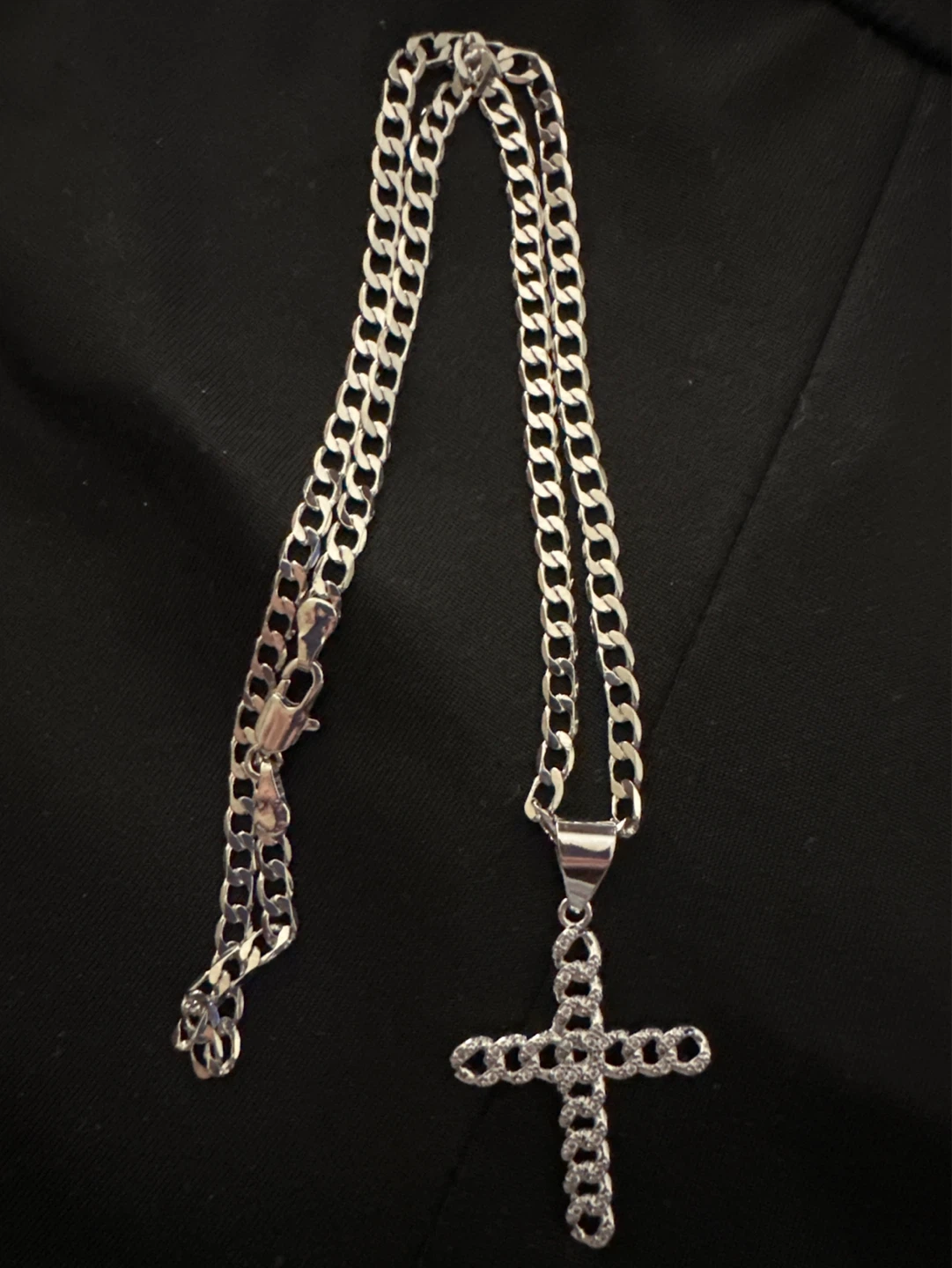 Silver Tone Cross Necklace with Rhinestones