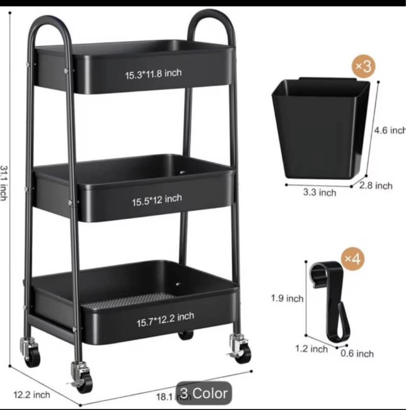 3-Tier Rolling Storage Cart - Black