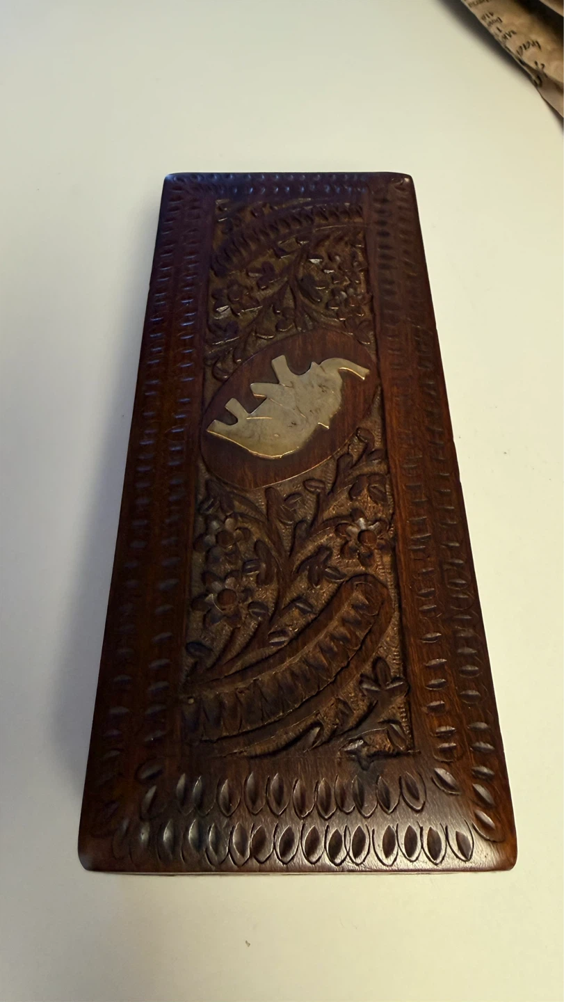 Carved Wooden Trinket Box with brass Elephant Inlay