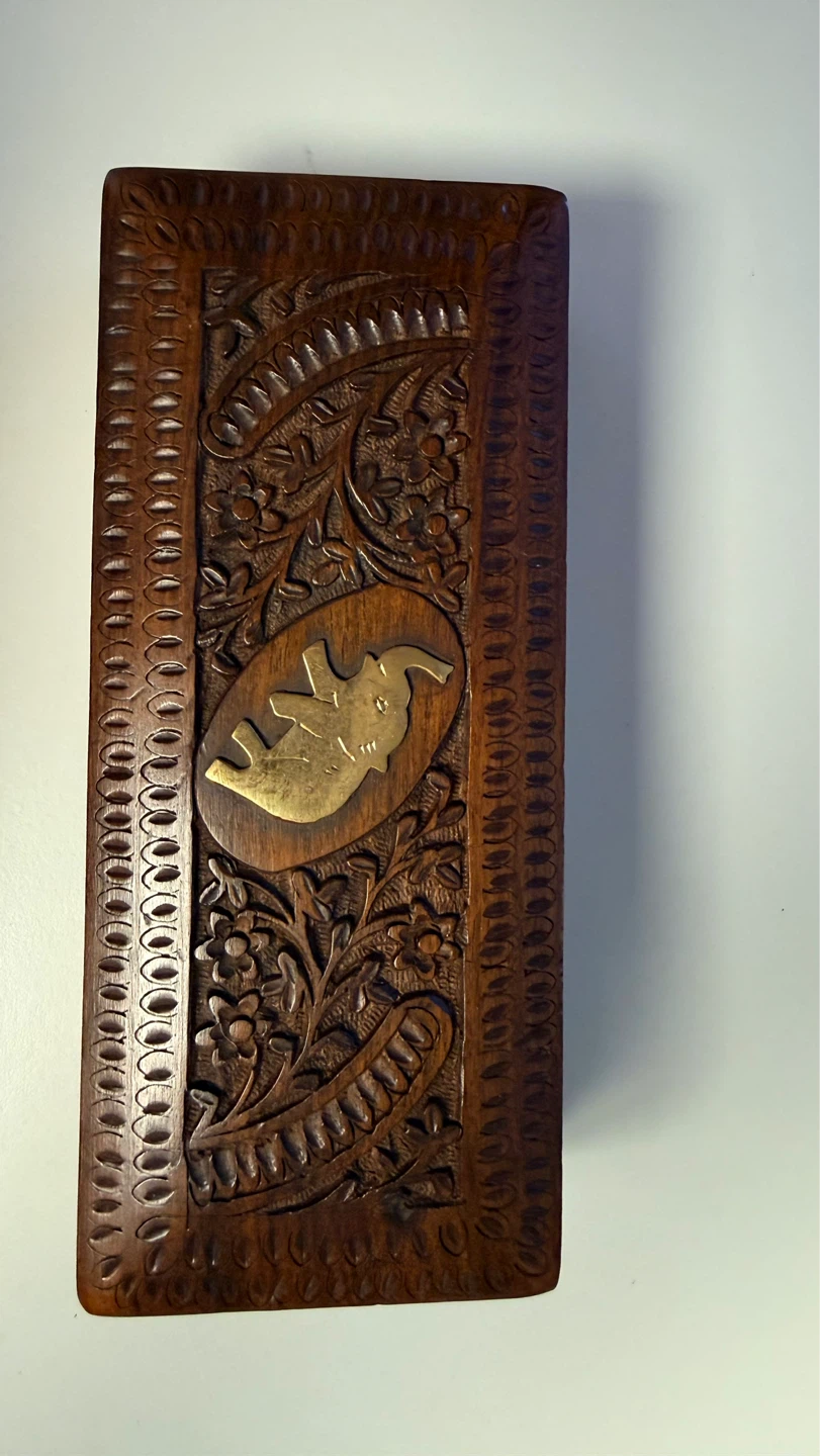 Carved Wooden Trinket Box with brass Elephant Inlay - photo 2