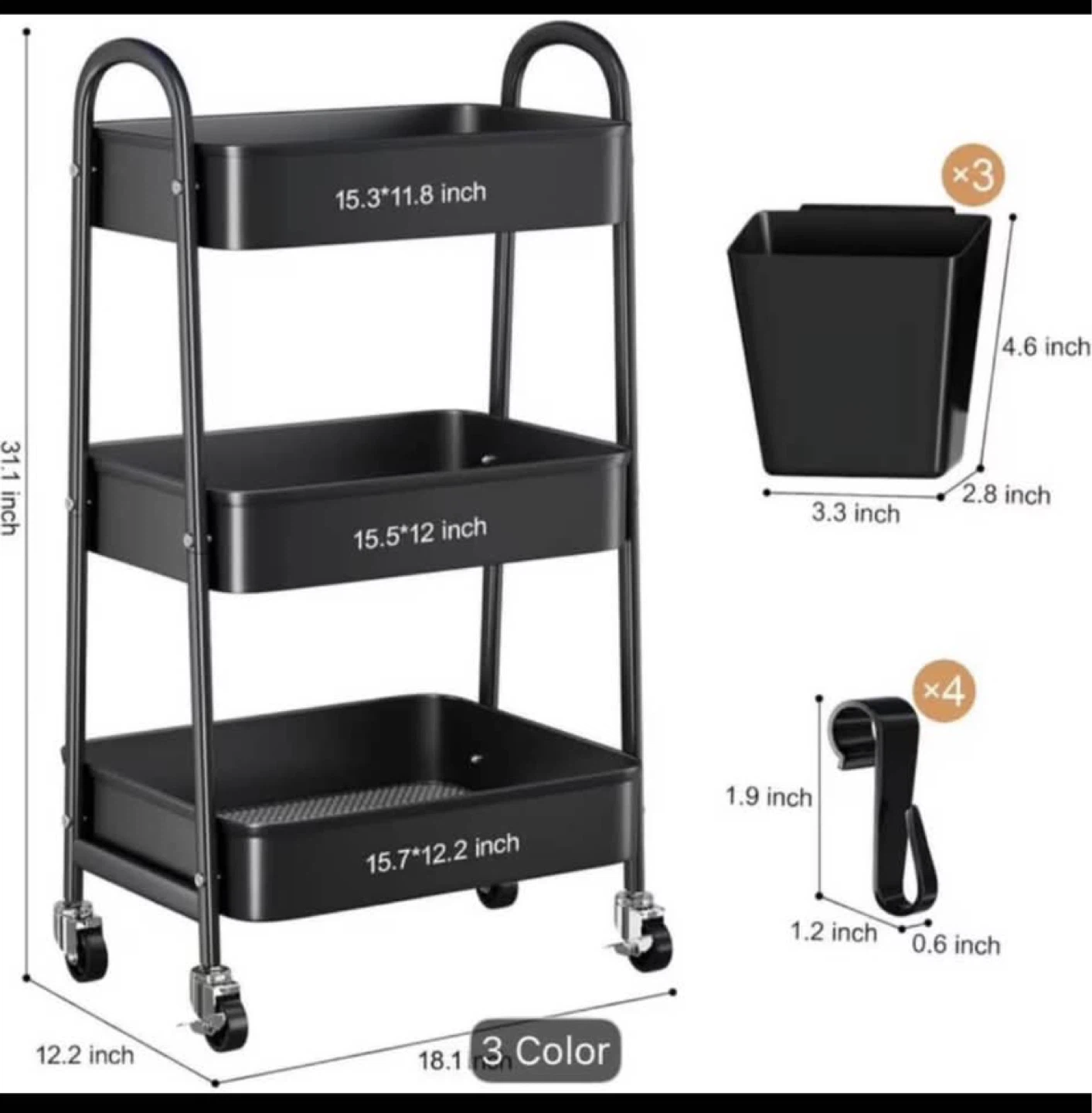 3-Tier Rolling Storage Cart - Black - photo 4