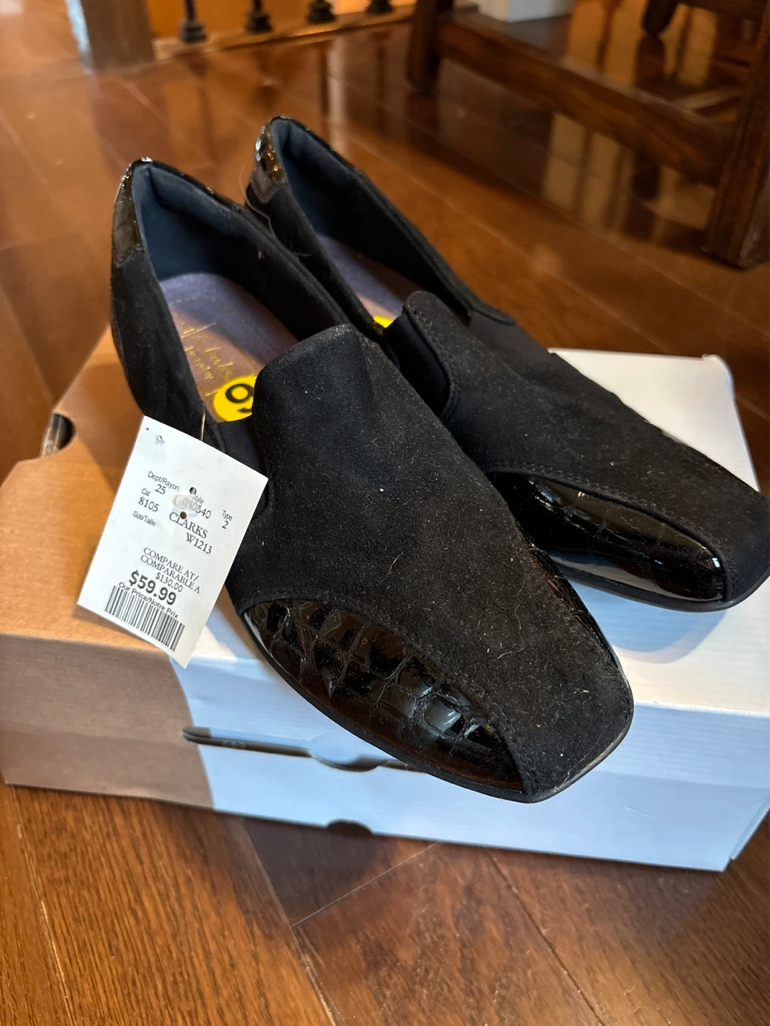 Clarks Black Suede and Patent Loafers