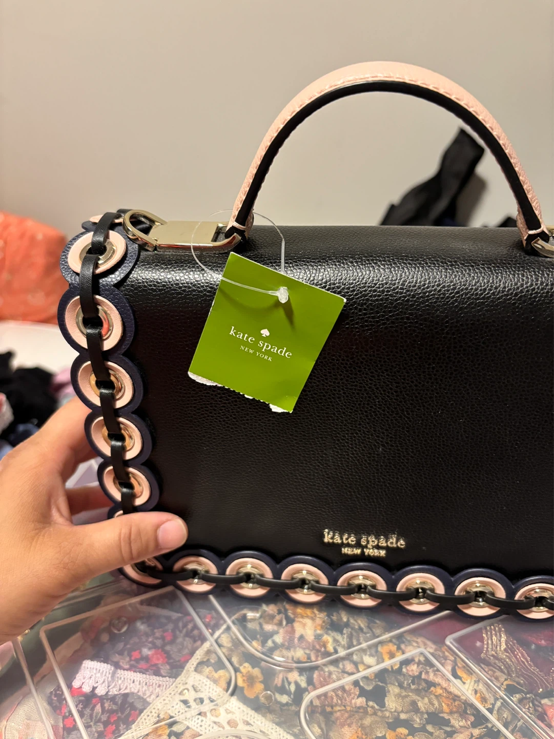 Kate Spade Black Leather Handbag with Pink Trim - photo 2