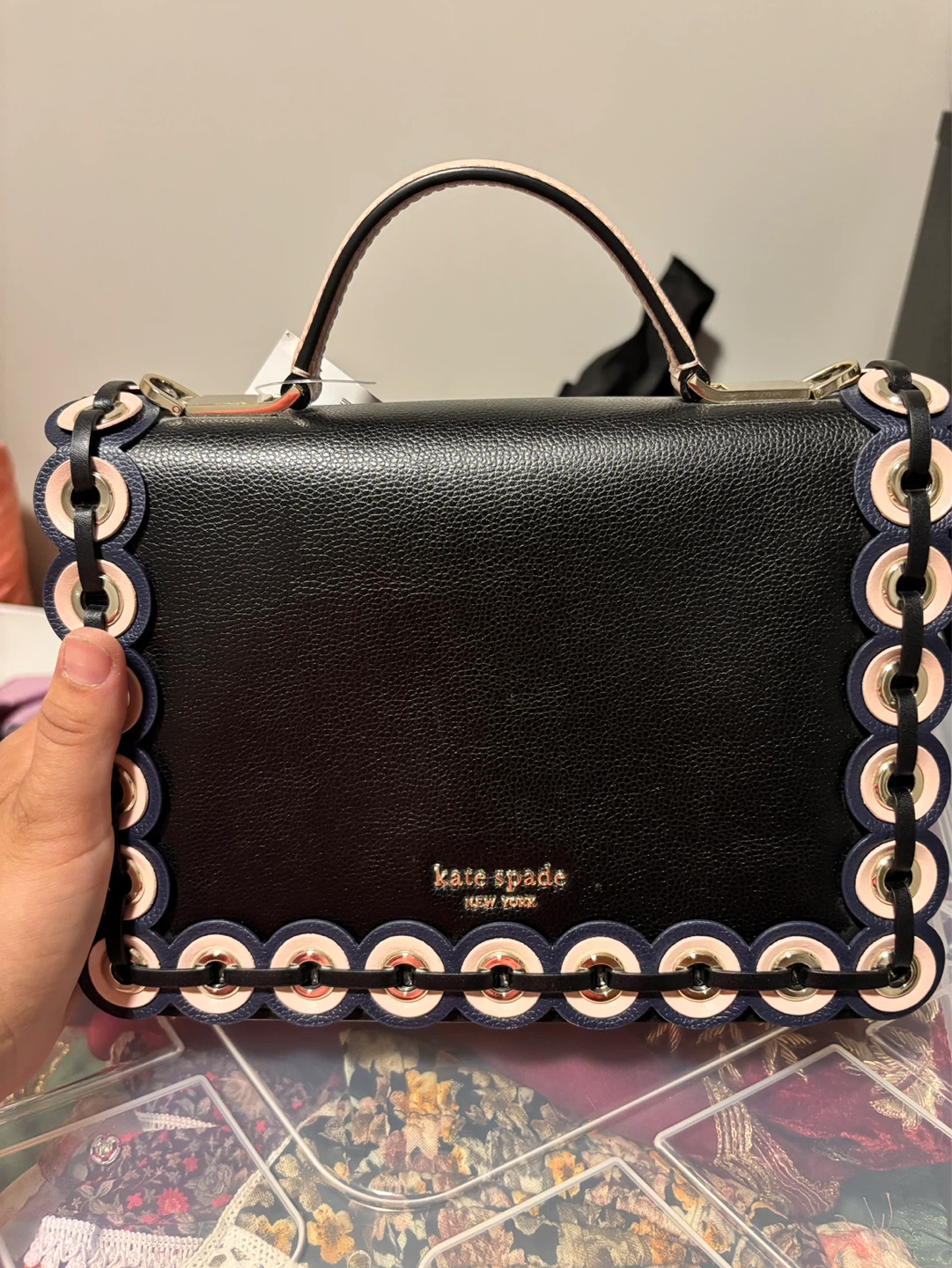 Kate Spade Black Leather Handbag with Pink Trim